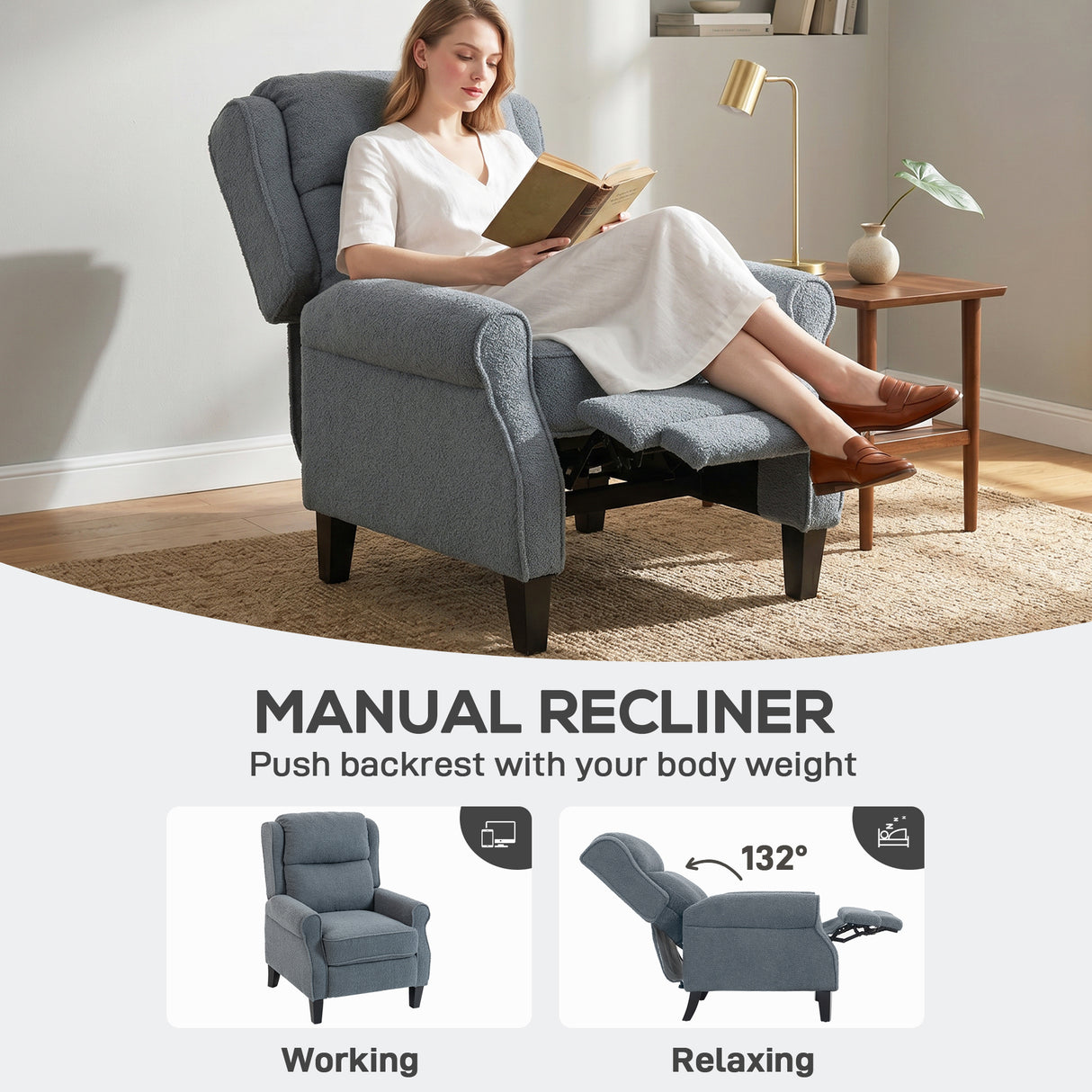 Teddy Fleece Fabric Recliner 74cm Wide With Footrest - Velmora