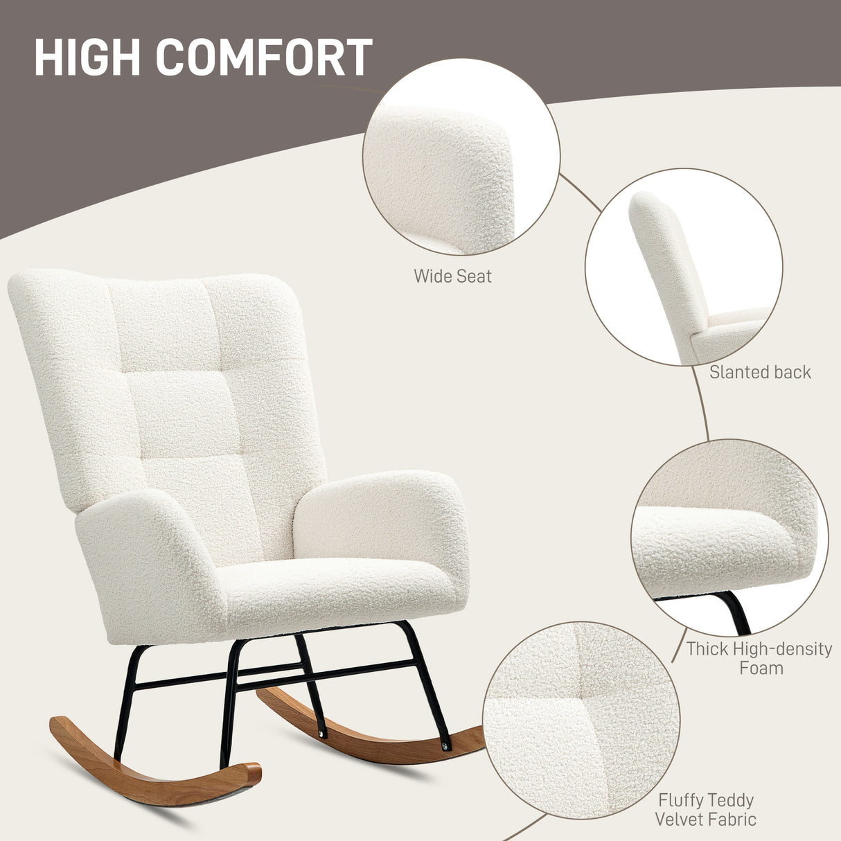 Teddy Fleece Fabric Rocking Chair 70cm Wide - Velmora