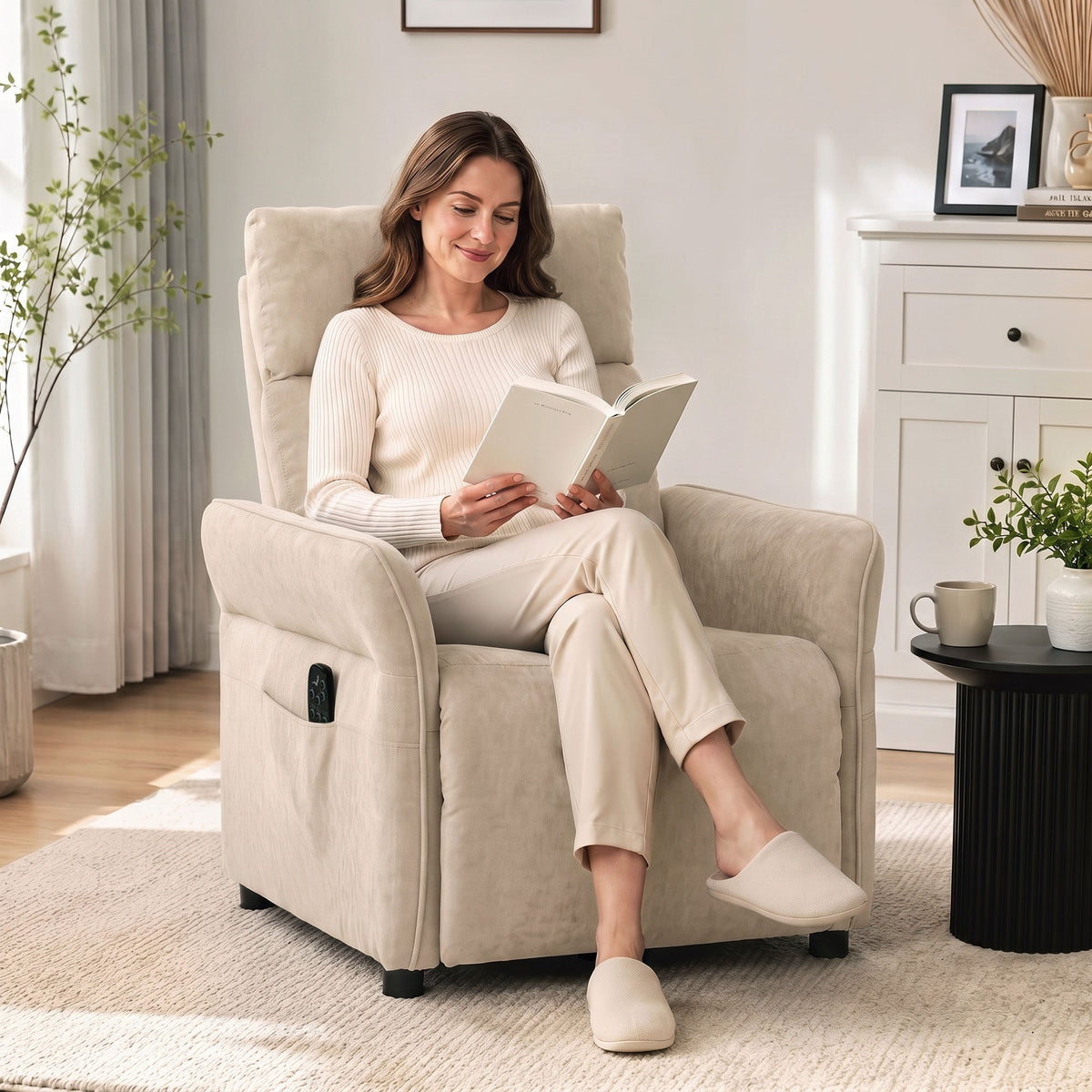 Terry Cloth Fabric Recliner Armchair 74cm Wide With Footrest - Velmora