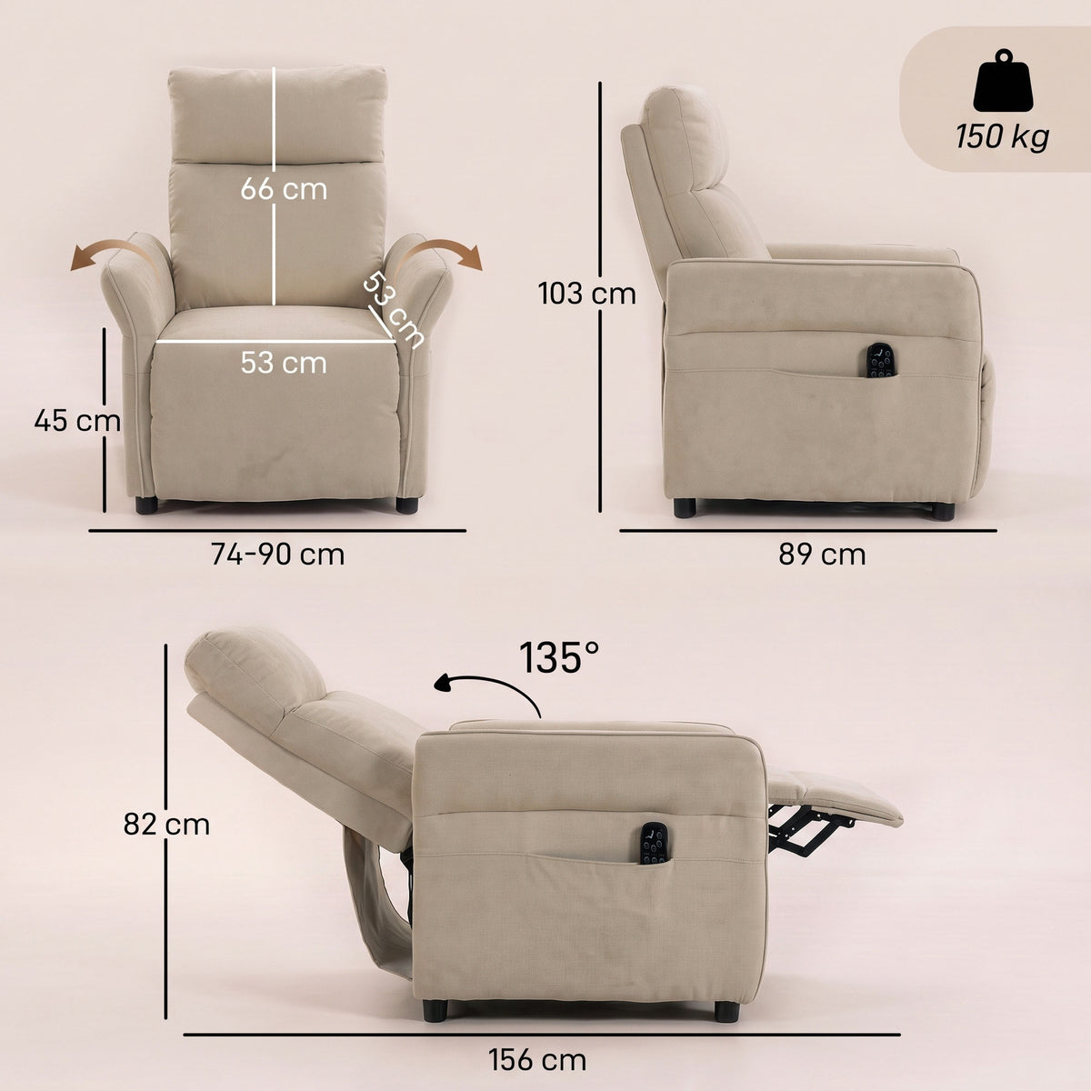 Terry Cloth Fabric Recliner Armchair 74cm Wide With Footrest - Velmora
