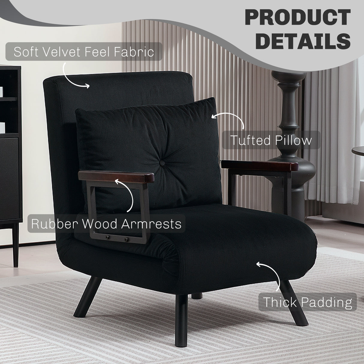 Velvet 1 Seater Sofa Bed 63cm Wide With 1 Pillow - Velmora