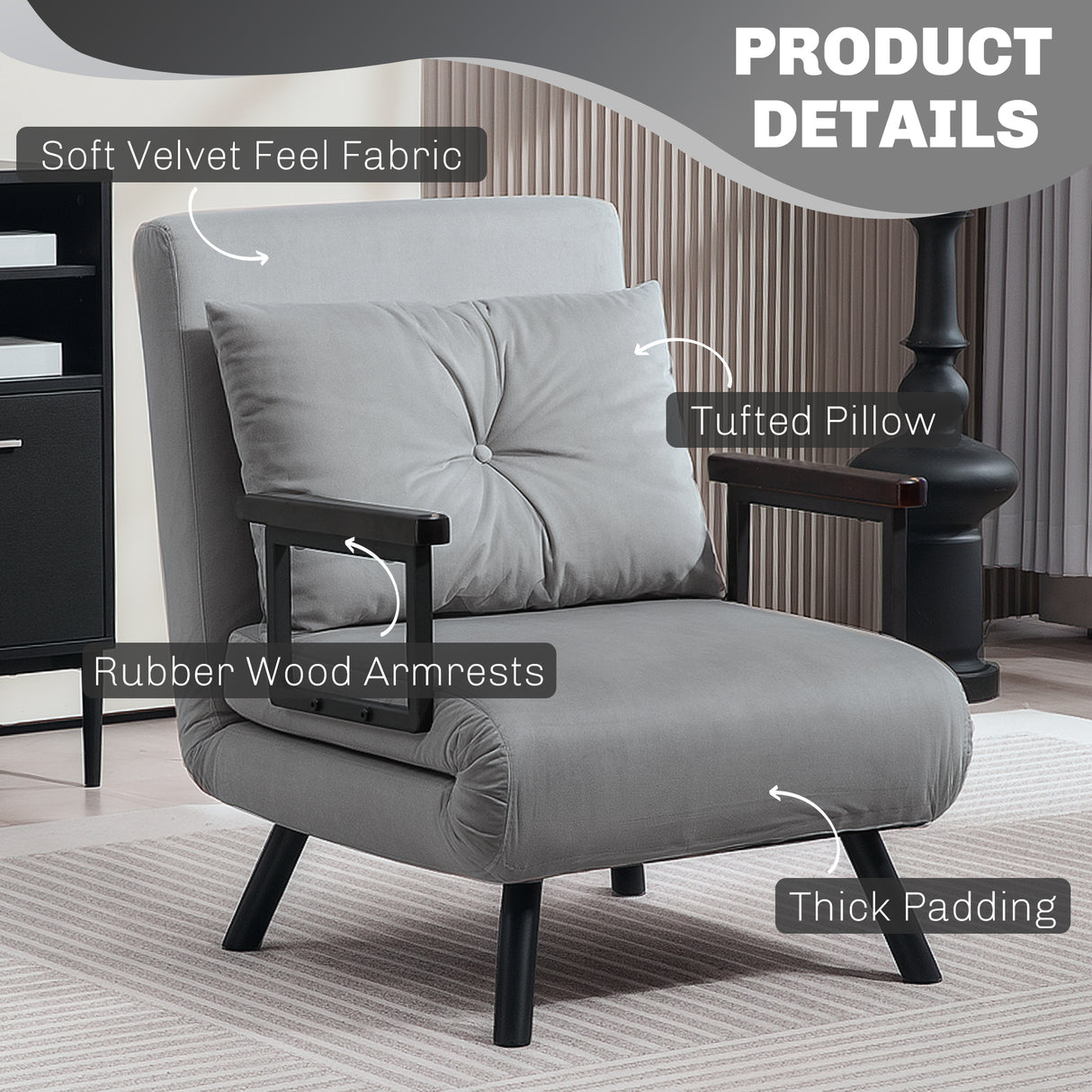 Velvet 1 Seater Sofa Bed 63cm Wide With 1 Pillow - Velmora