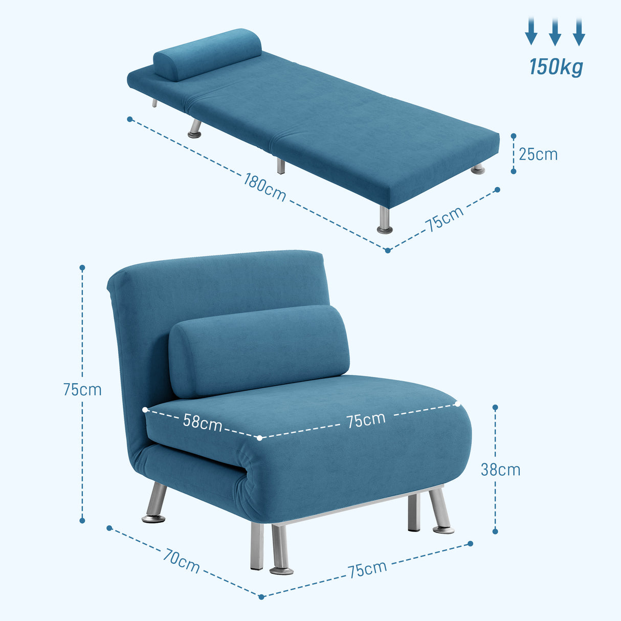 Velvet 1 Seater Sofa Bed 75cm Wide With 1 Pillow - Velmora