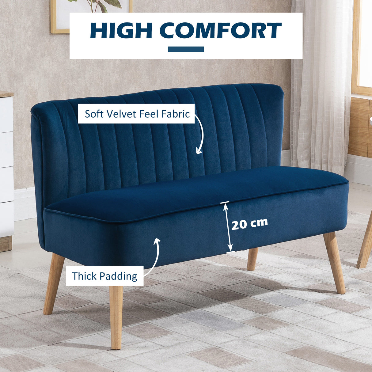Velvet 2 Seater Sofa 117cm Wide With Wooden Legs - Velmora