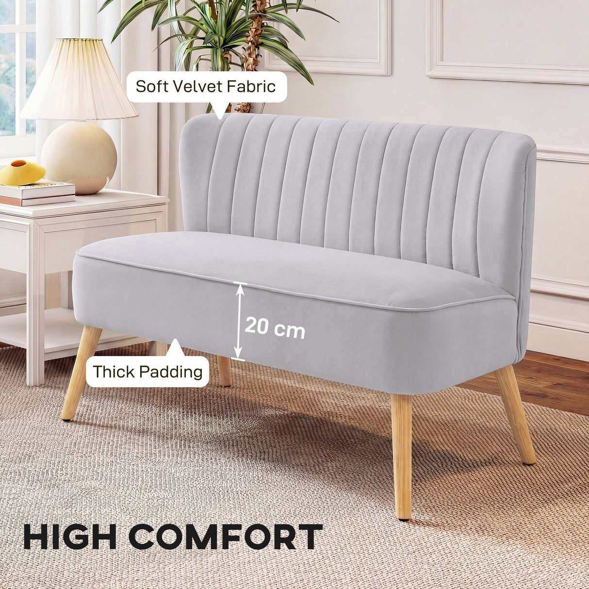 Velvet 2 Seater Sofa 117cm Wide With Wooden Legs - Velmora