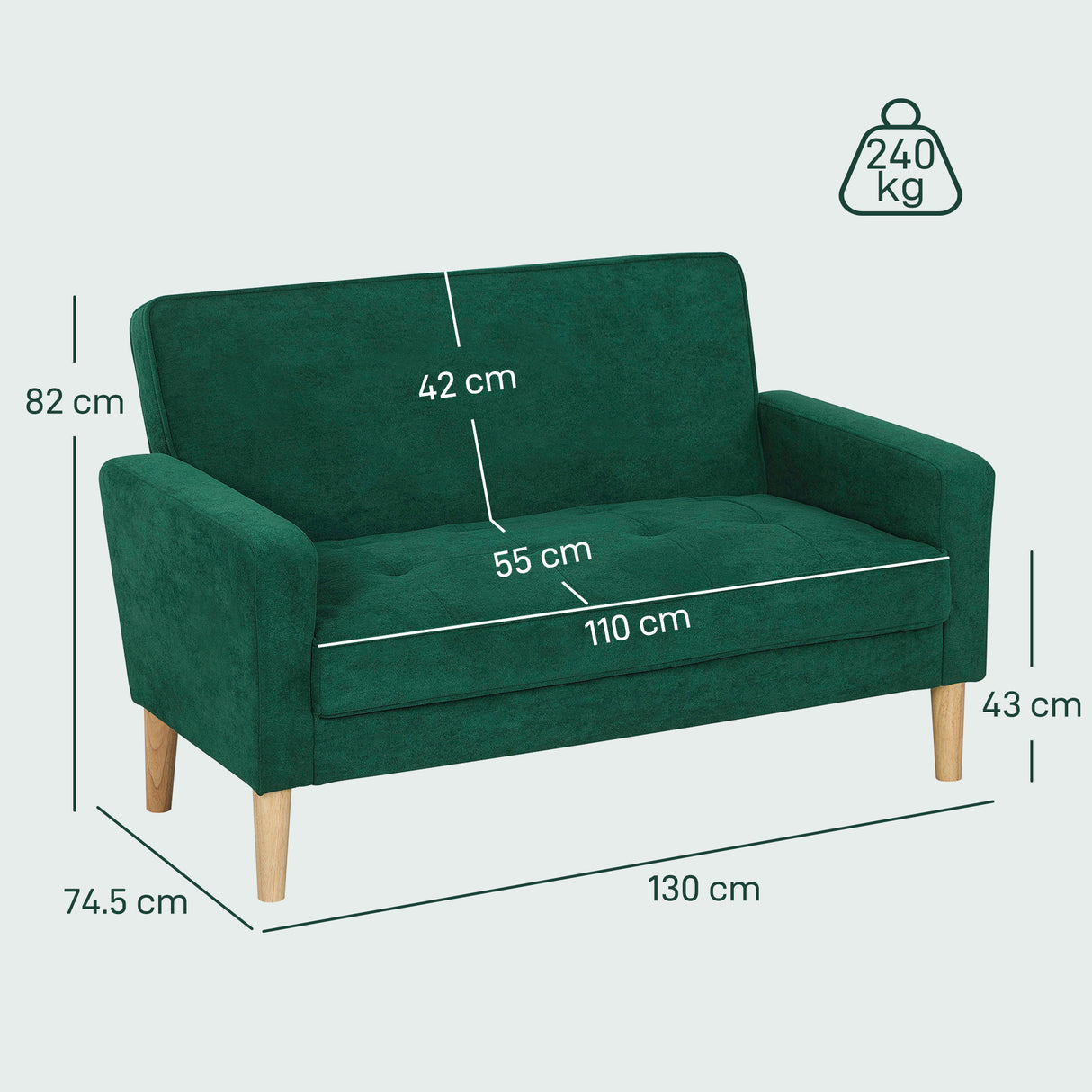 Velvet 2 Seater Sofa 130cm Wide With Rubberwood Legs - Velmora