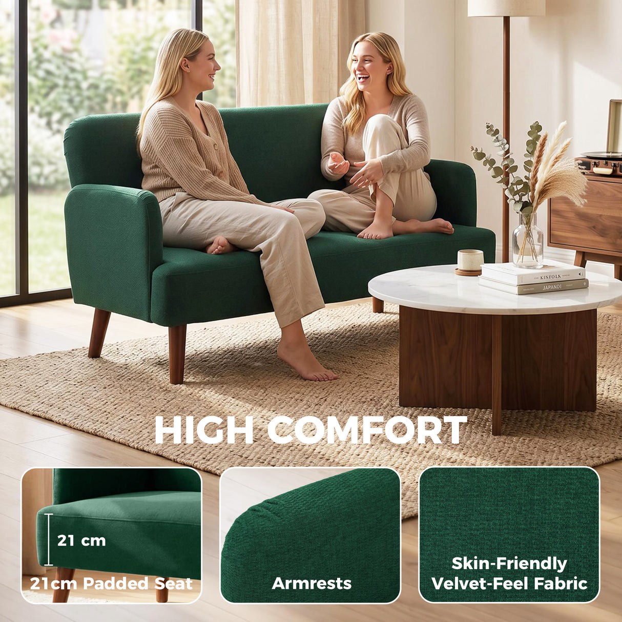 Velvet 2 Seater Sofa 130cm Wide With Wooden Legs - Velmora