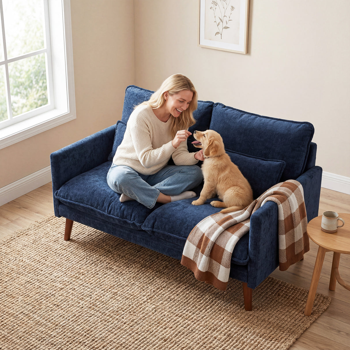 Velvet 2 Seater Sofa 131cm Wide With Wooden Legs - Velmora