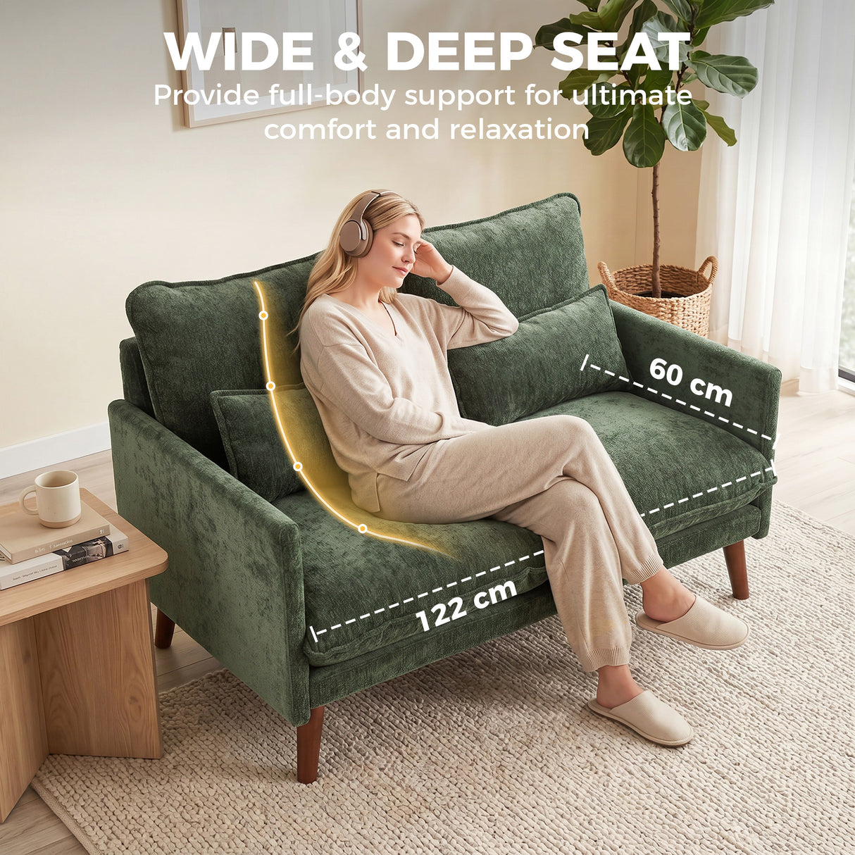 Velvet 2 Seater Sofa 131cm Wide With Wooden Legs - Velmora