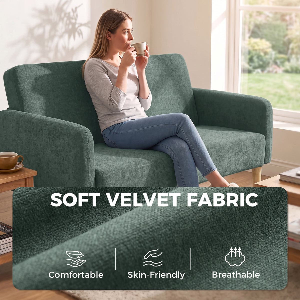 Velvet 2 Seater Sofa 160cm Wide With Wooden Legs - Velmora