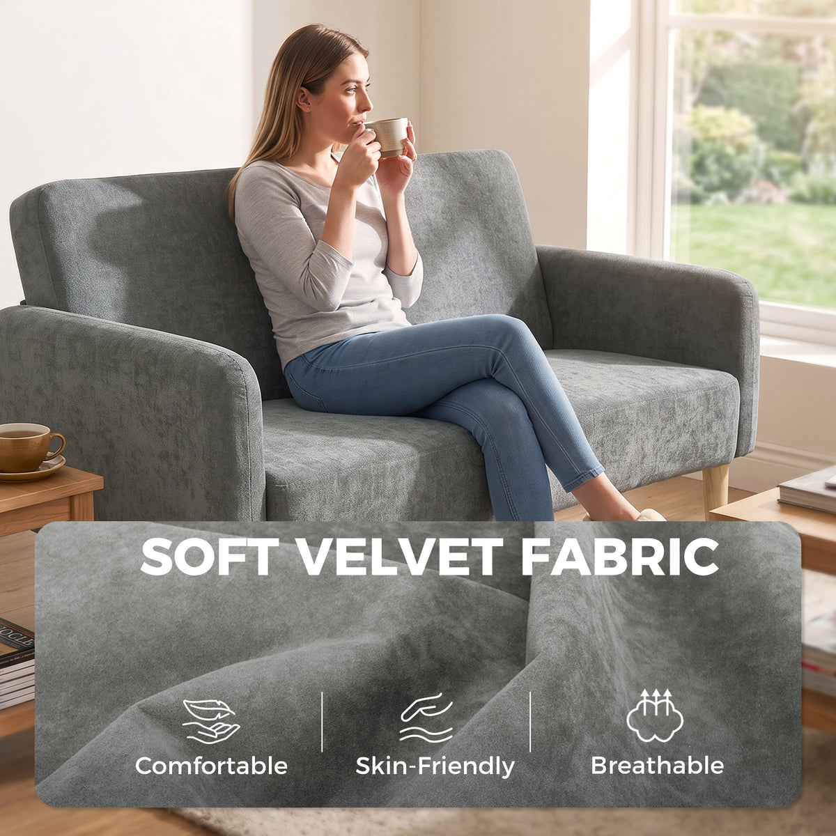 Velvet 2 Seater Sofa 160cm Wide With Wooden Legs - Velmora