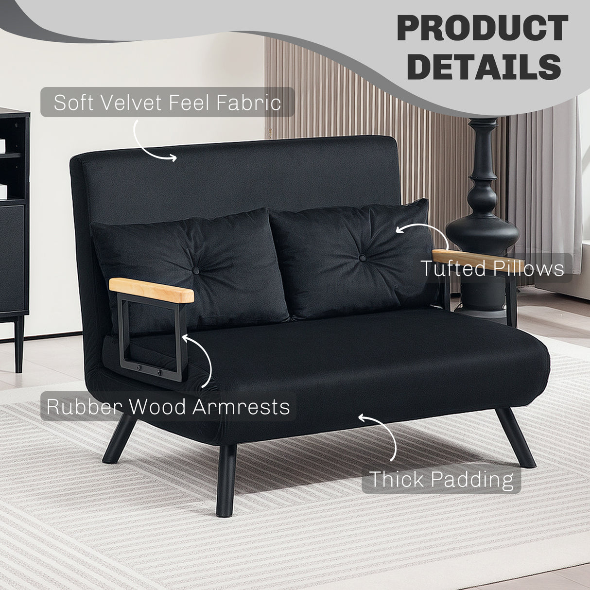 Velvet 2 Seater Sofa Bed 102cm Wide With 2 Pillows - Velmora