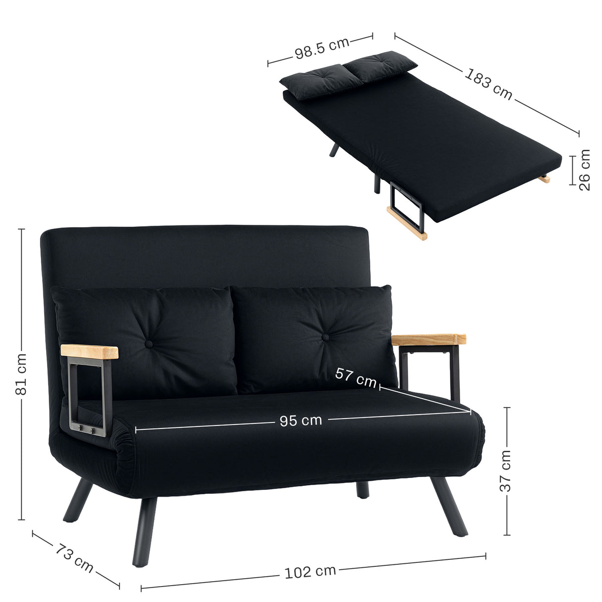 Velvet 2 Seater Sofa Bed 102cm Wide With 2 Pillows - Velmora