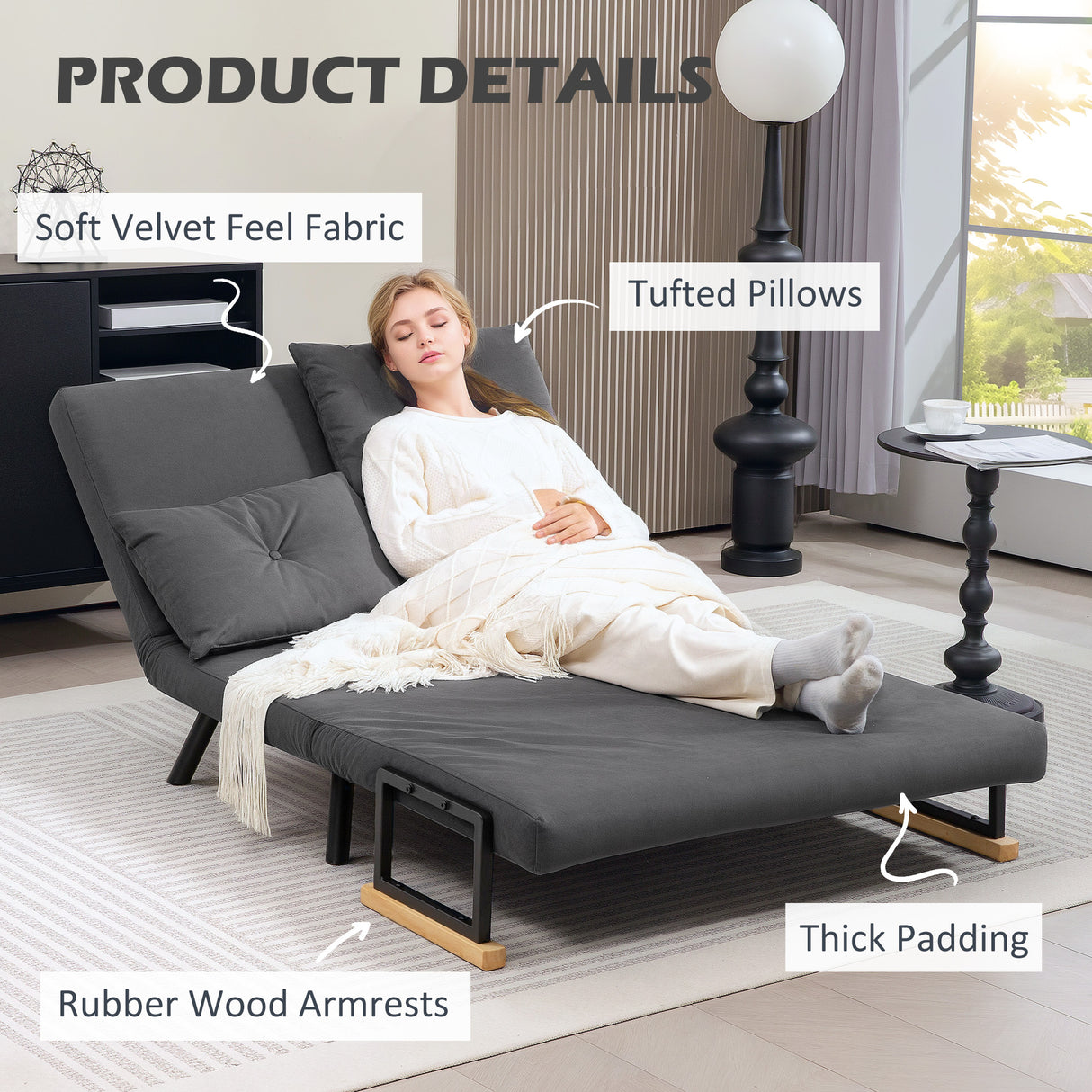 Velvet 2 Seater Sofa Bed 102cm Wide With 2 Pillows - Velmora