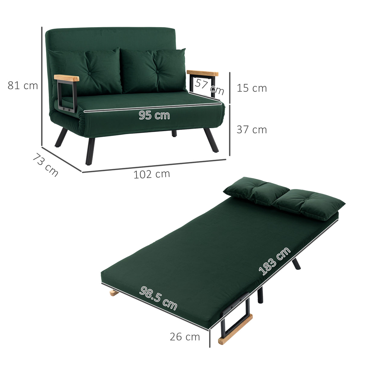 Velvet 2 Seater Sofa Bed 102cm Wide With 2 Pillows - Velmora