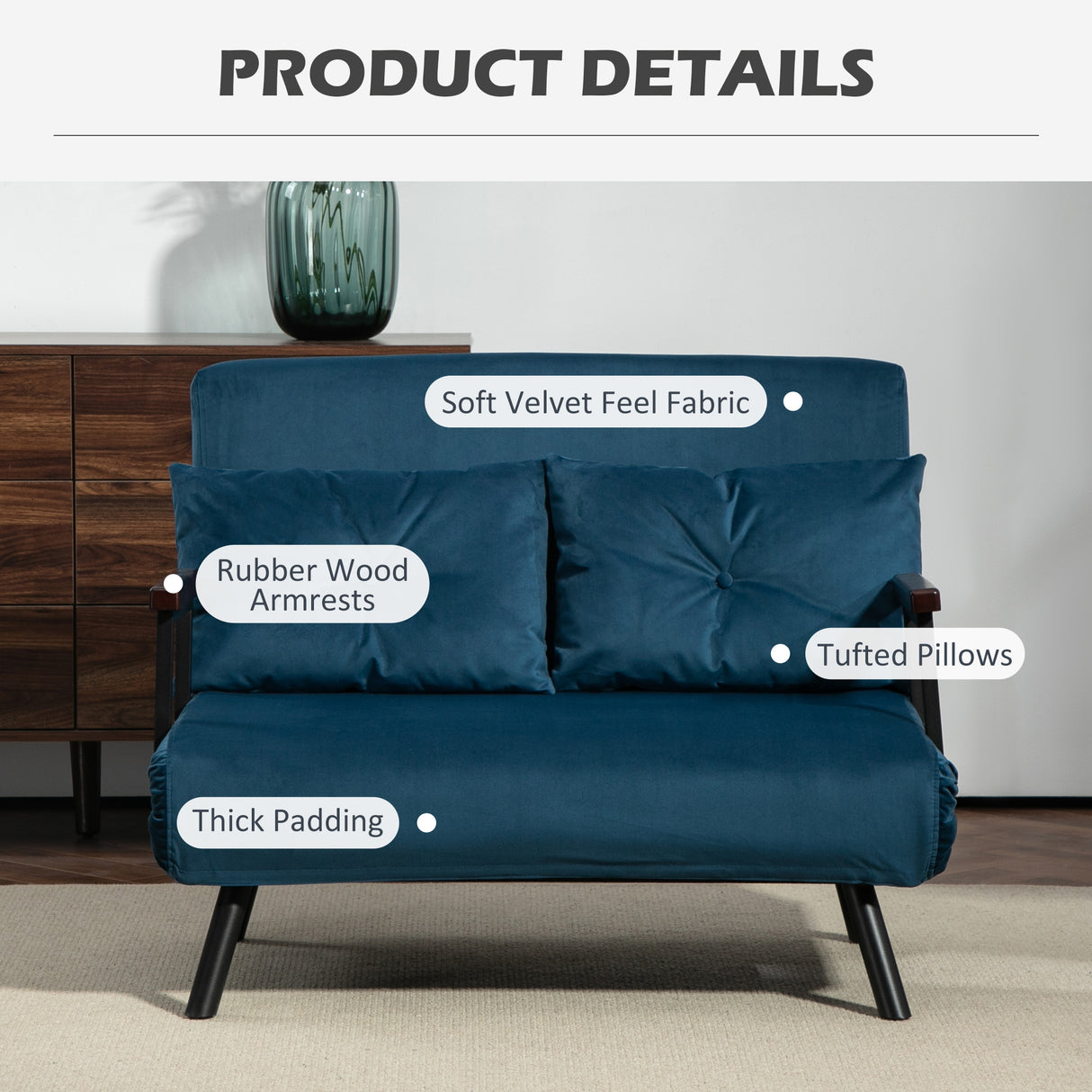 Velvet 2 Seater Sofa Bed 102cm Wide With 2 Pillows - Velmora