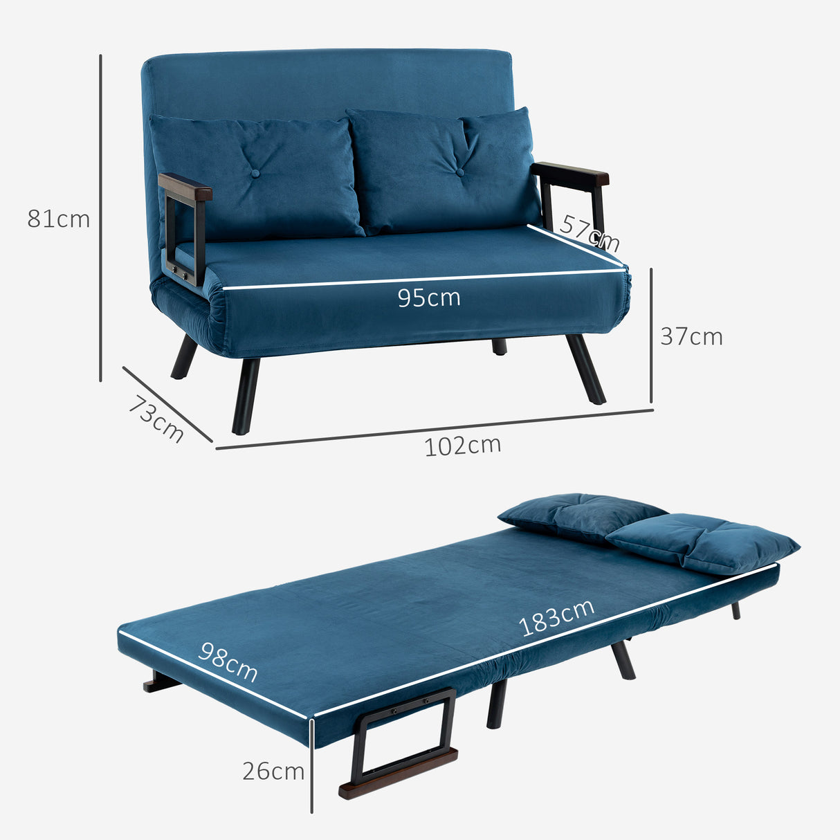 Velvet 2 Seater Sofa Bed 102cm Wide With 2 Pillows - Velmora