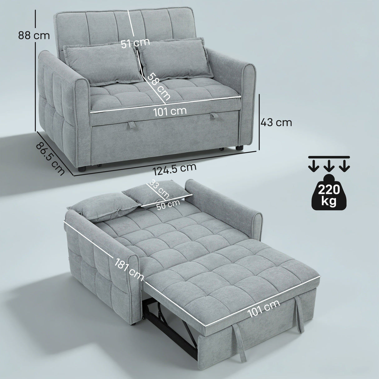 Velvet 2 Seater Sofa Bed 124.5cm Wide With 2 Pillows - Velmora