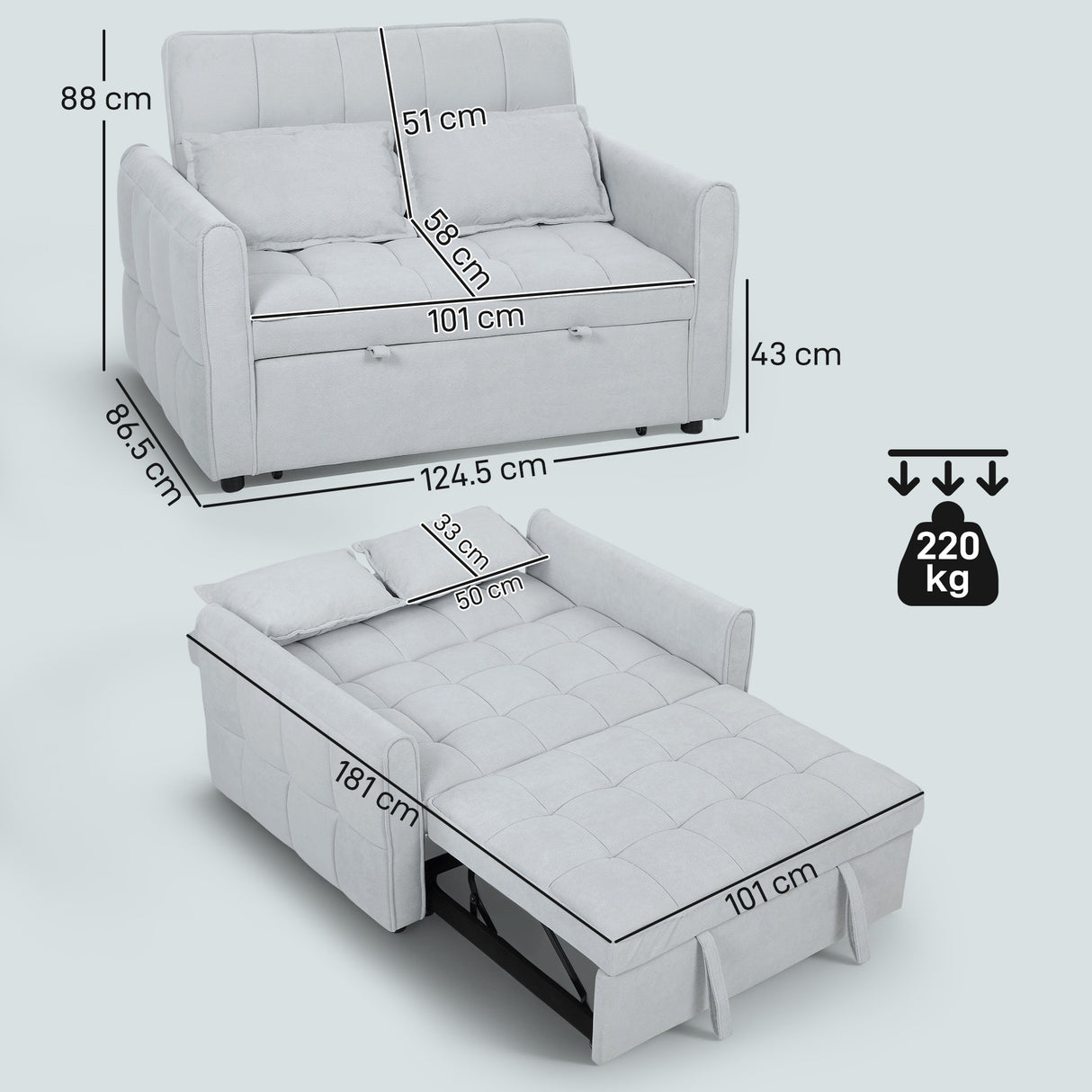 Velvet 2 Seater Sofa Bed 124.5cm Wide With 2 Pillows - Velmora