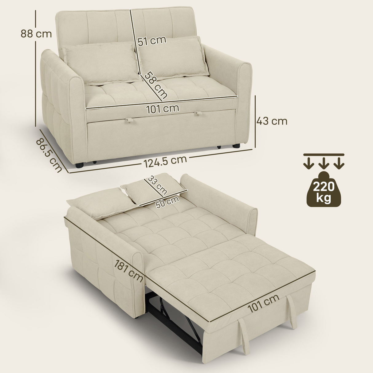 Velvet 2 Seater Sofa Bed 124.5cm Wide With 2 Pillows - Velmora