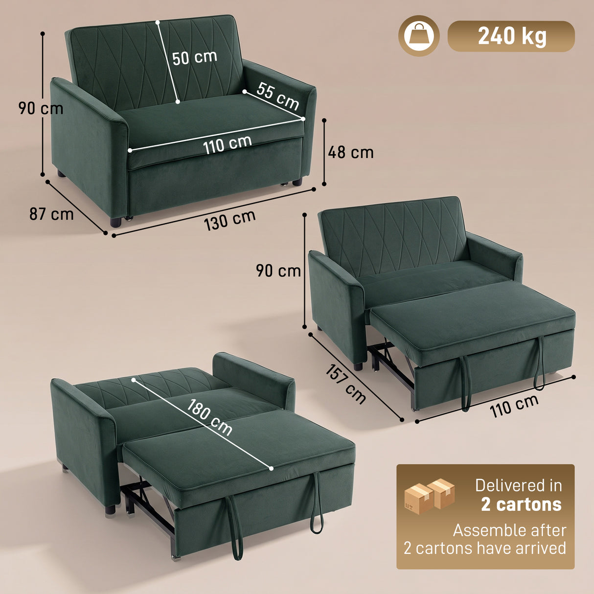 Velvet 2 Seater Sofa Bed 130cm Wide With 2 Pillows - Velmora