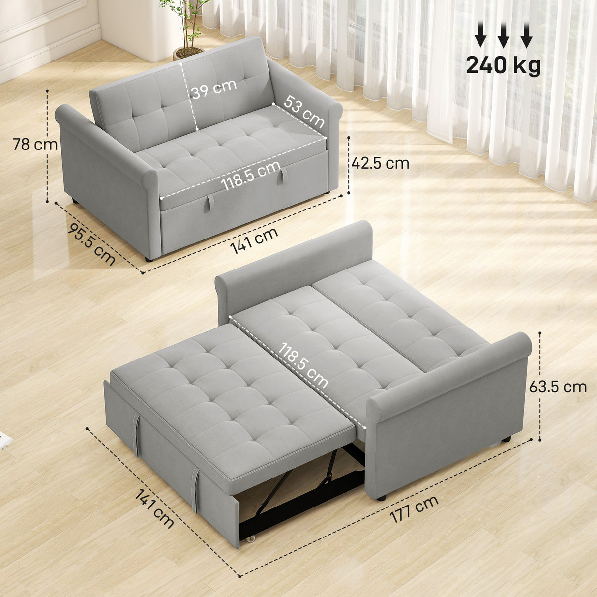 Velvet 2 Seater Sofa Bed 141cm Wide - Velmora