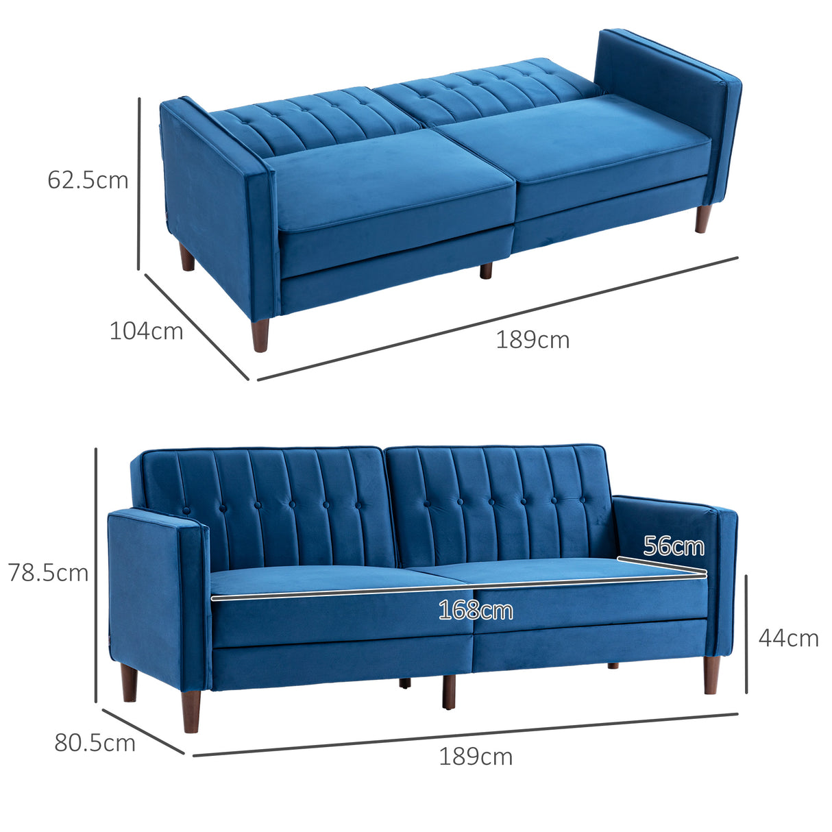 Velvet 3 Seater Sofa Bed 189cm Wide With Wooden Legs - Velmora
