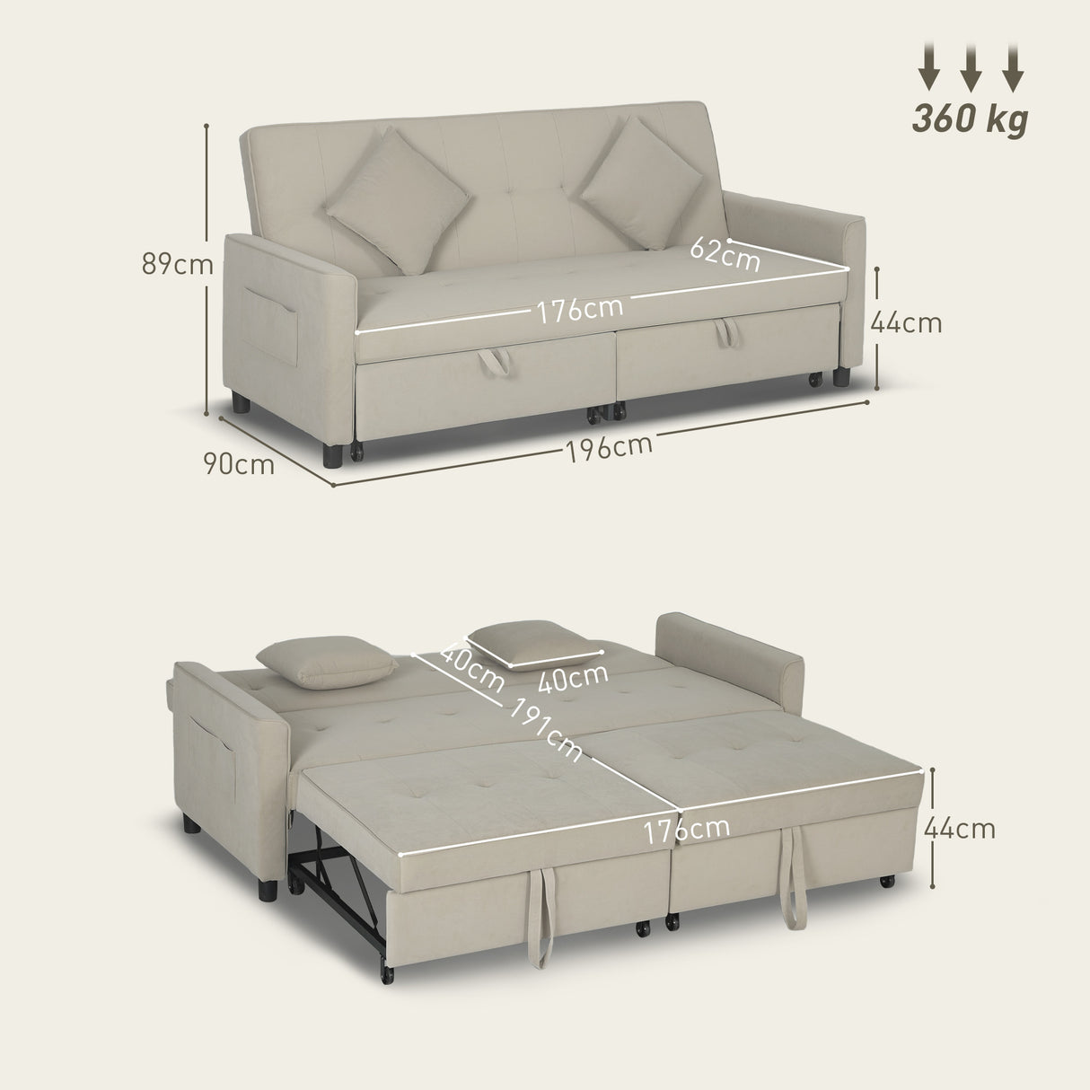 Velvet 3 Seater Sofa Bed 196cm Wide With 2 Pillows - Velmora