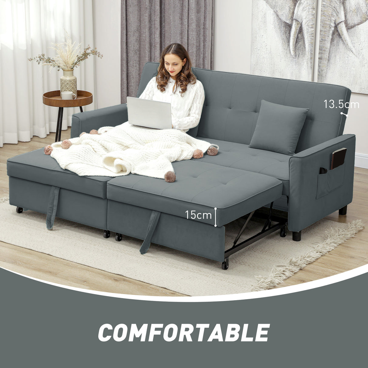 Velvet 3 Seater Sofa Bed 196cm Wide With 2 Pillows - Velmora