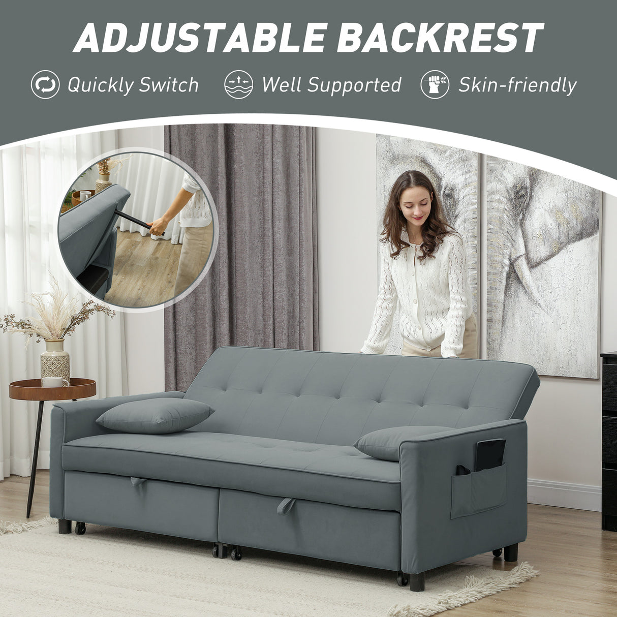 Velvet 3 Seater Sofa Bed 196cm Wide With 2 Pillows - Velmora