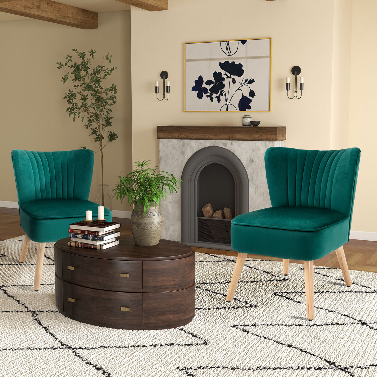 Velvet Accent Chair 57cm Wide With Wooden Legs in Set Of 2 - Velmora