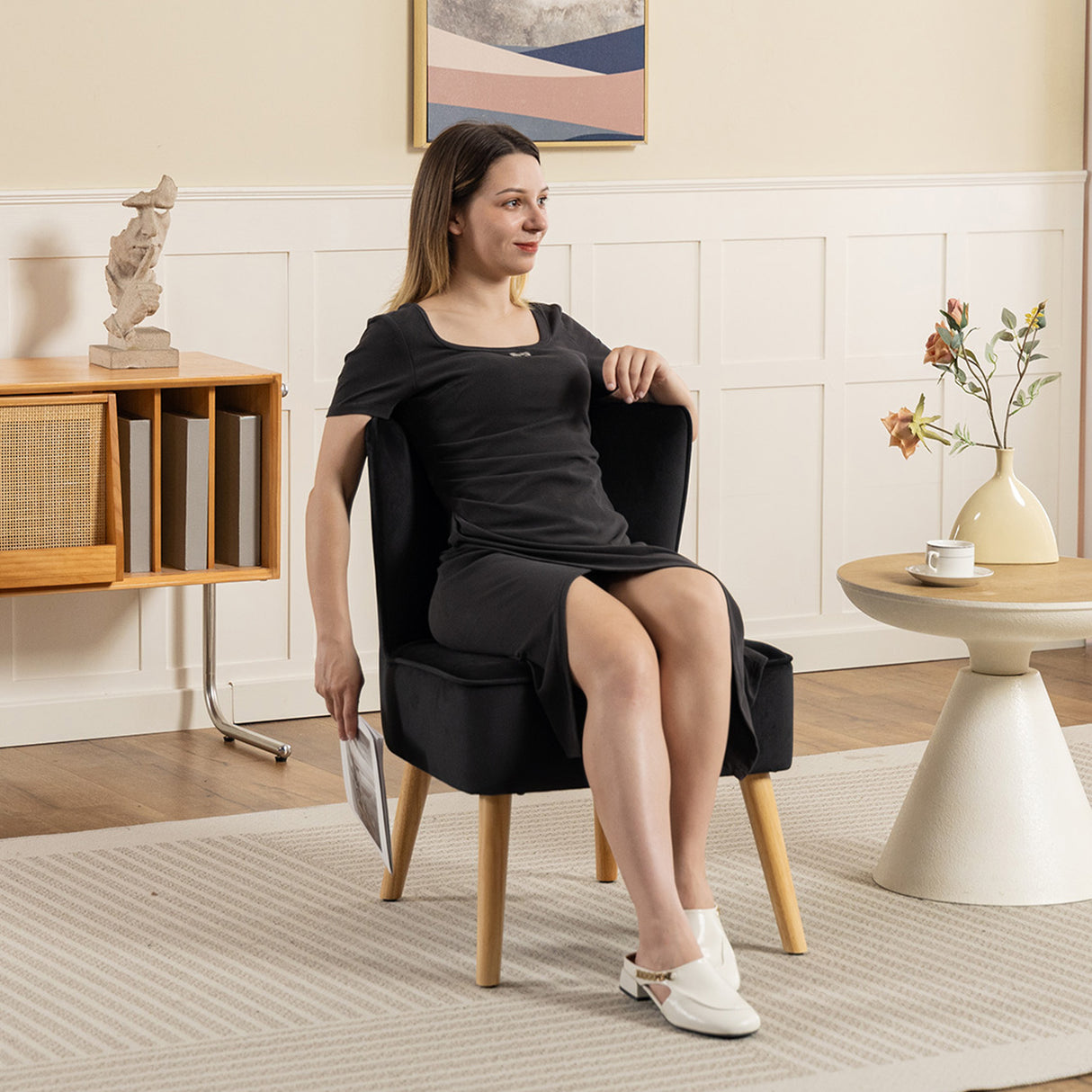 Velvet Accent Chair 57cm Wide With Wooden Legs - Velmora