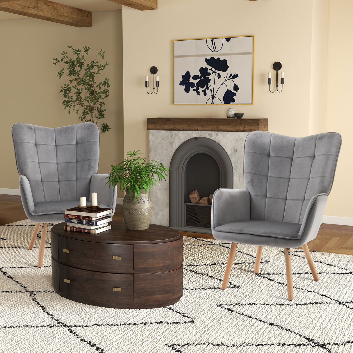 Velvet Accent Chair 71cm Wide With Wooden Legs in Set Of 2 - Velmora