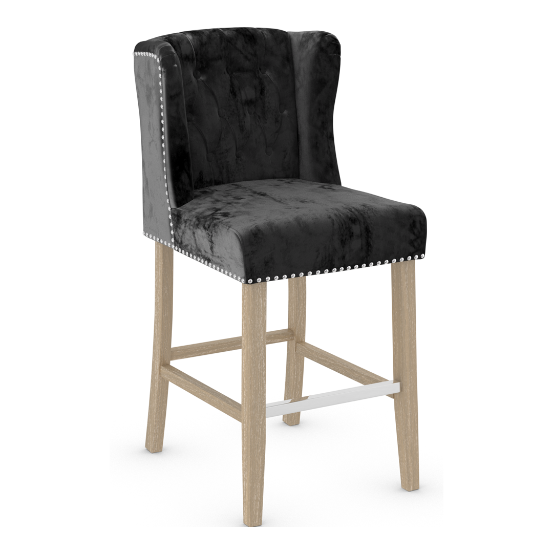 Velvet Bar Stool With Oak Wooden Legs - Eardley