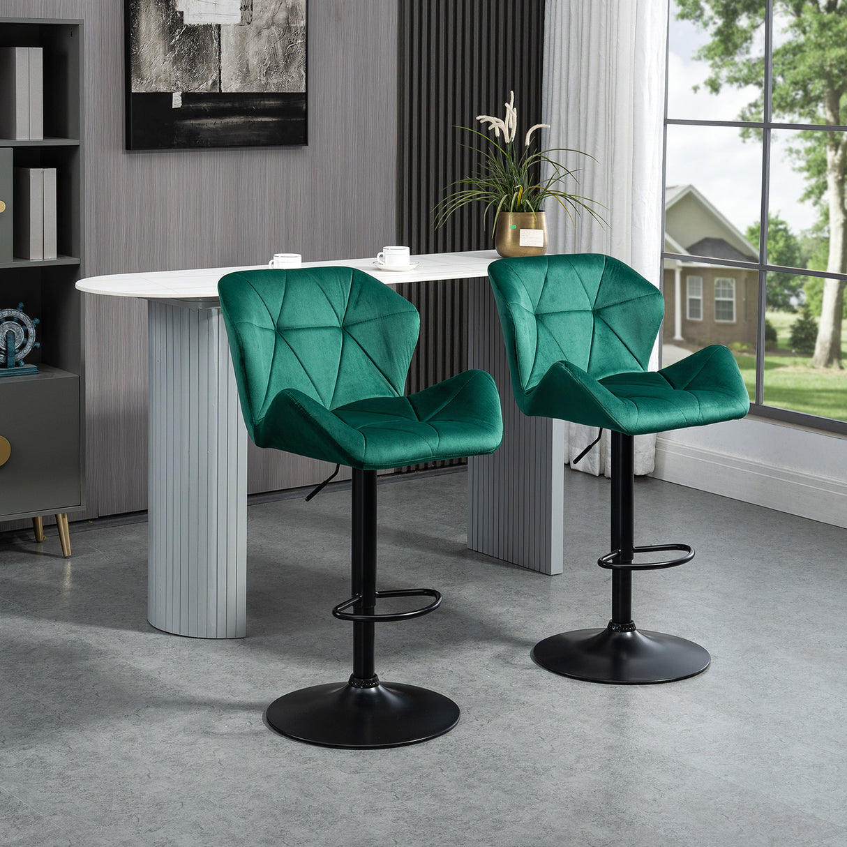 Velvet Bar Stools 57cm Wide in Set Of 2 With Metal Frame Footrest - Velmora