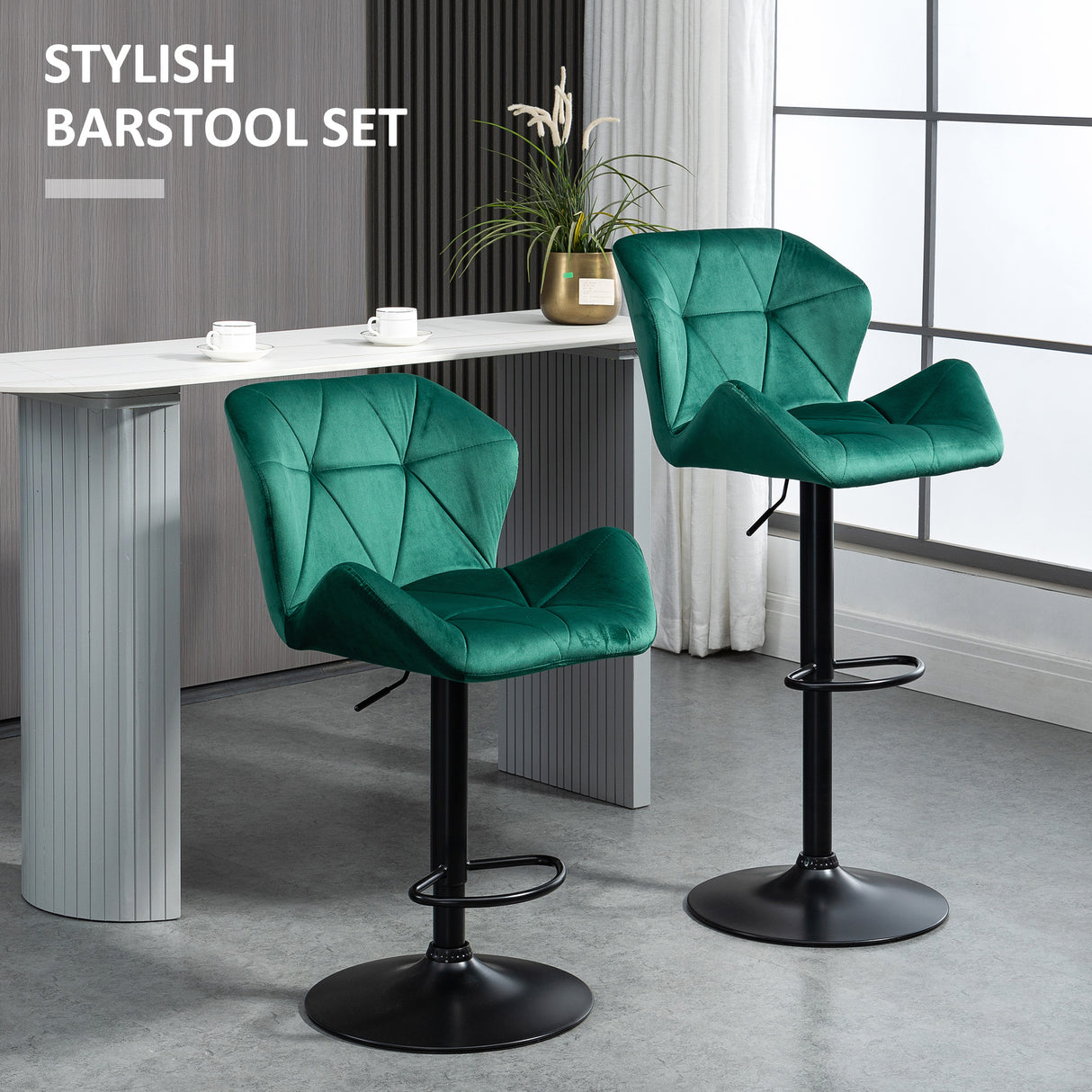 Velvet Bar Stools 57cm Wide in Set Of 2 With Metal Frame Footrest - Velmora