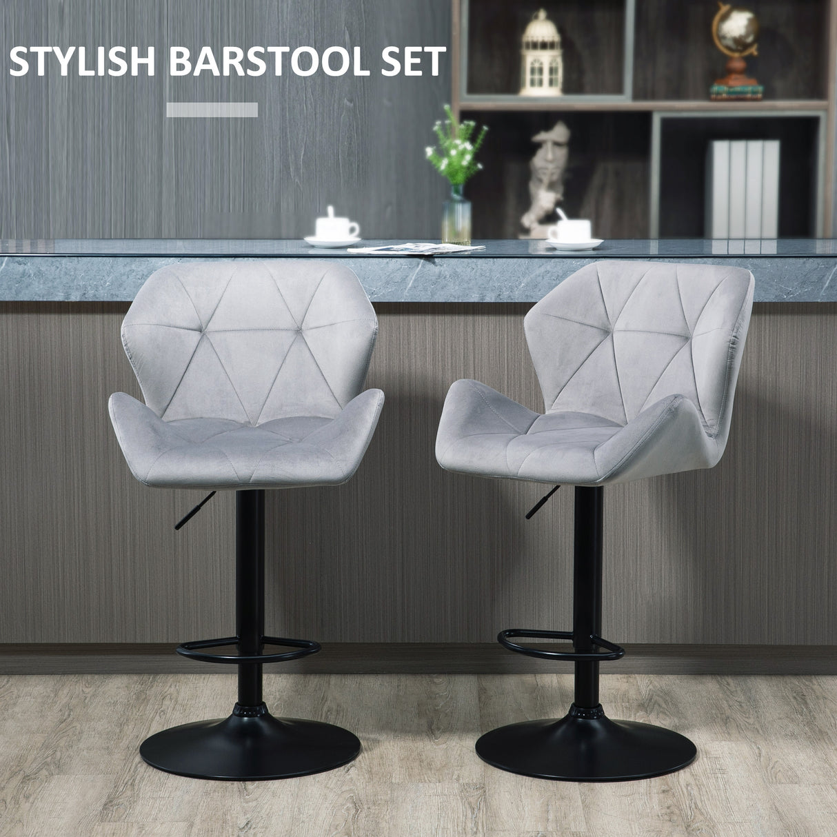 Velvet Bar Stools 57cm Wide in Set Of 2 With Metal Frame Footrest - Velmora