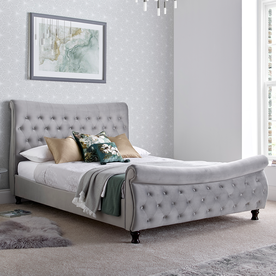 Velvet Chesterfield Sleigh Double Bed - Oxford