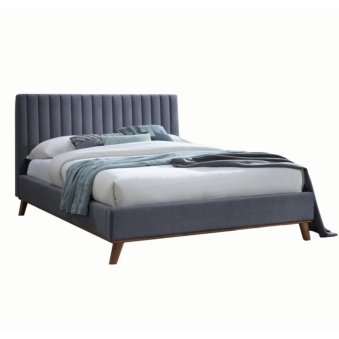 Velvet Double Bed With Oak Wooden Legs - Albany