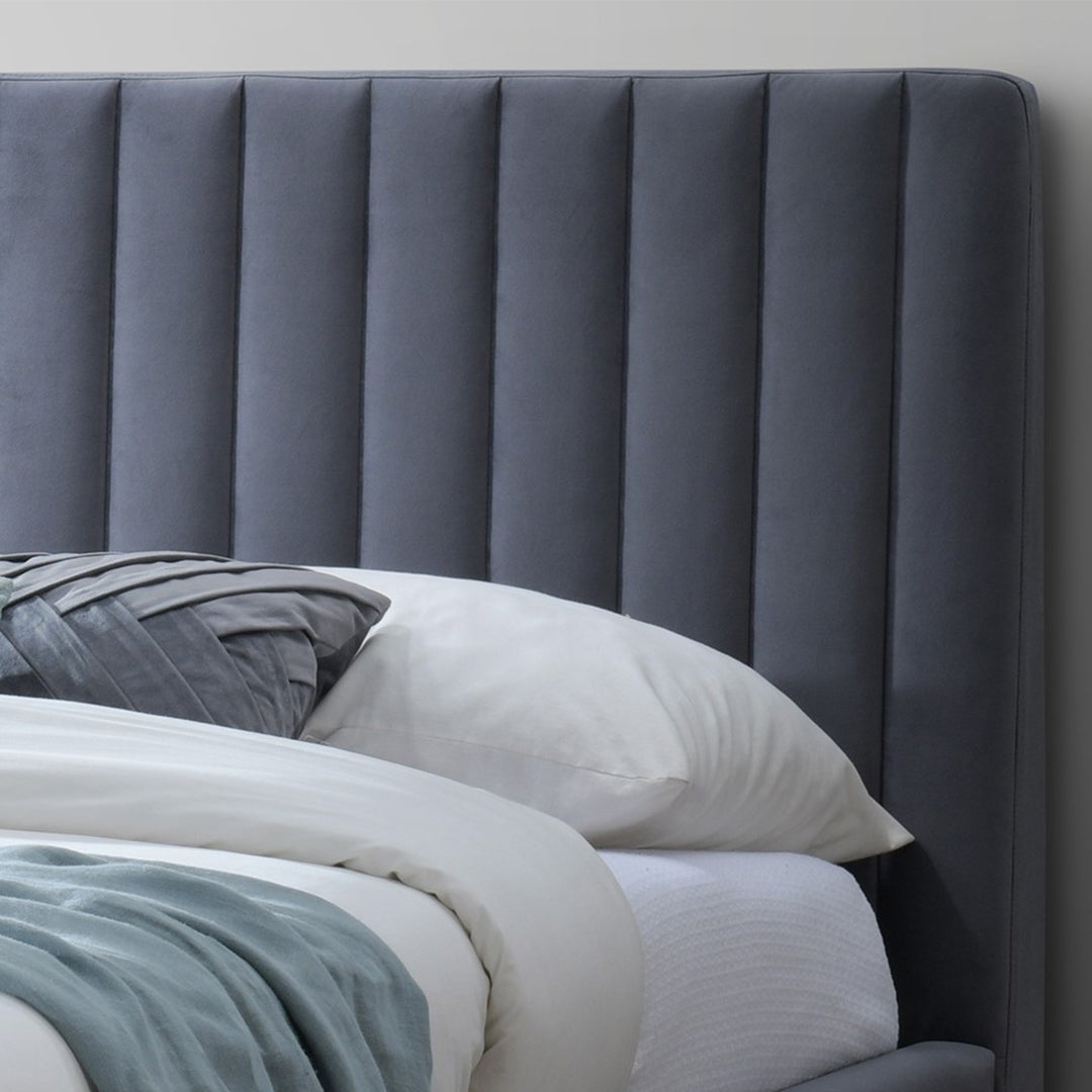 Velvet Double Bed With Oak Wooden Legs - Albany