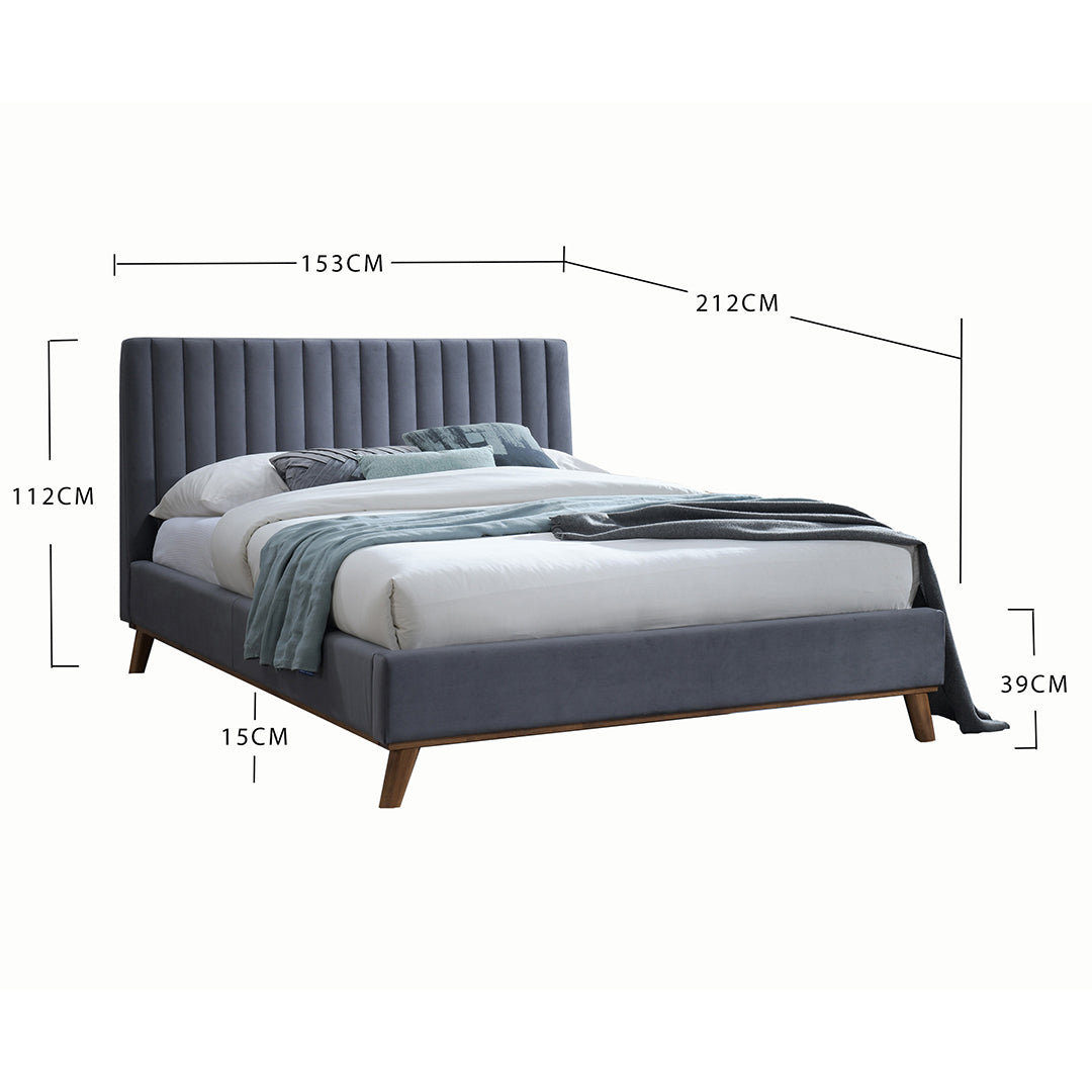 Velvet Double Bed With Oak Wooden Legs - Albany