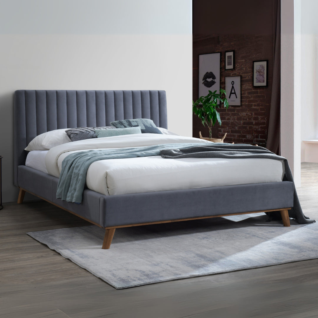 Velvet Double Bed With Oak Wooden Legs - Albany
