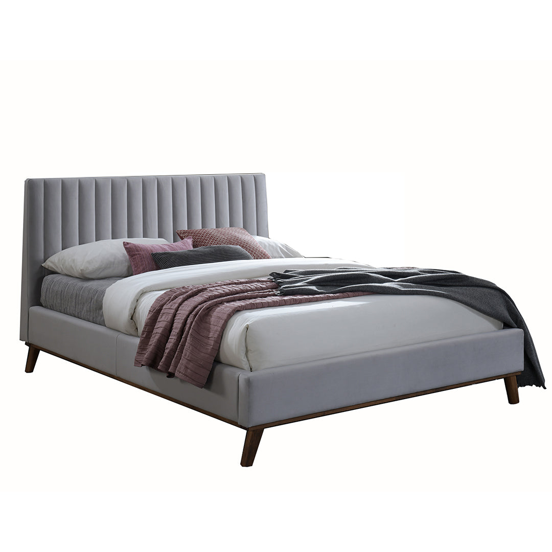 Velvet Double Bed With Oak Wooden Legs - Albany