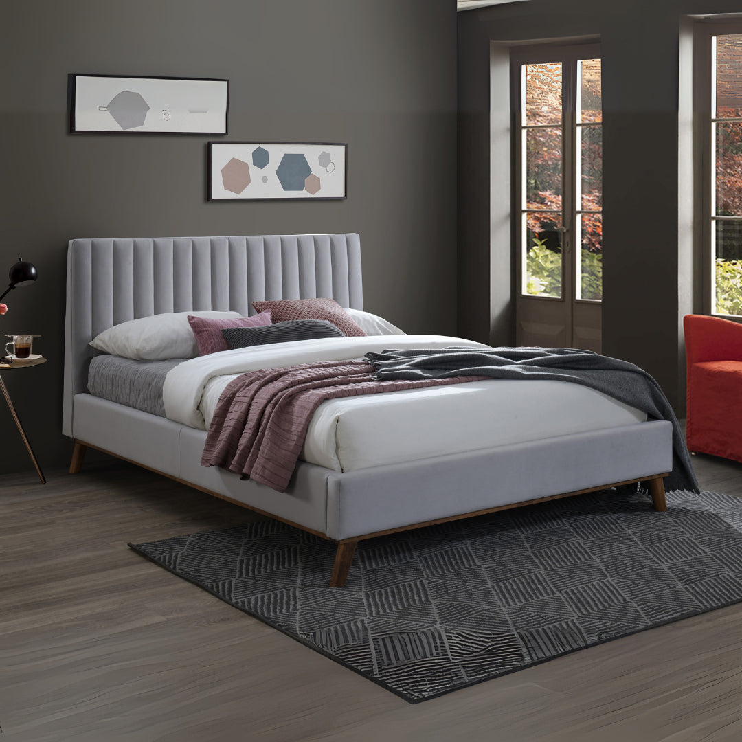 Velvet Double Bed With Oak Wooden Legs - Albany