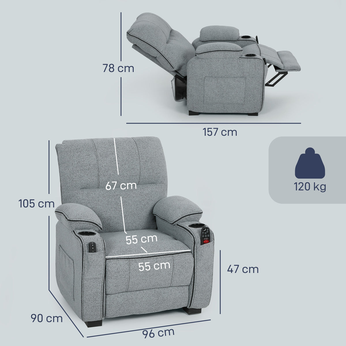 Velvet Electric Recliner Chair 96cm Wide - Velmora