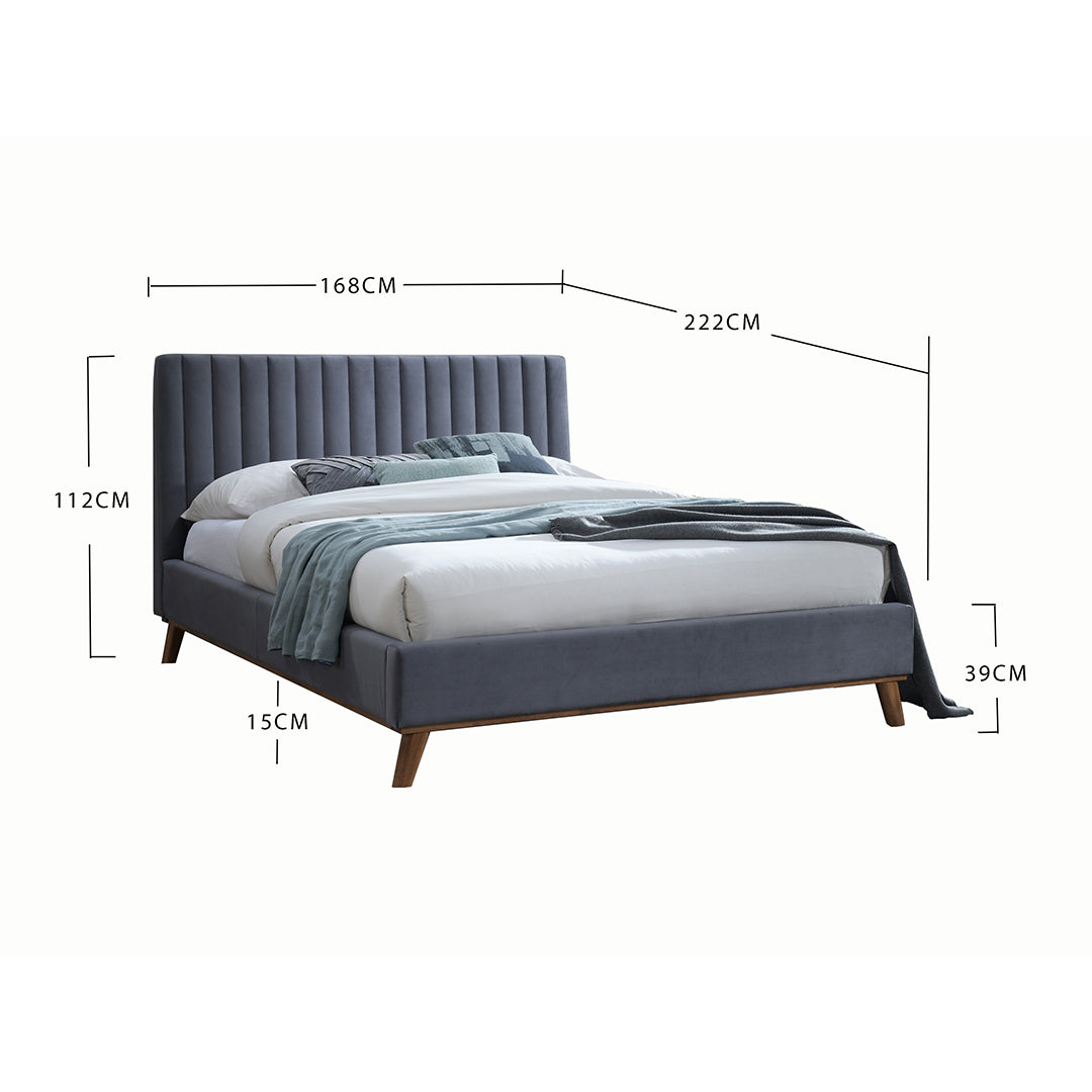 Velvet King Size Bed With Oak Wooden Legs - Albany