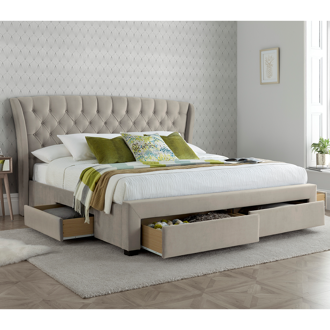 Velvet Storage Double Bed With 4 Drawers - Newton