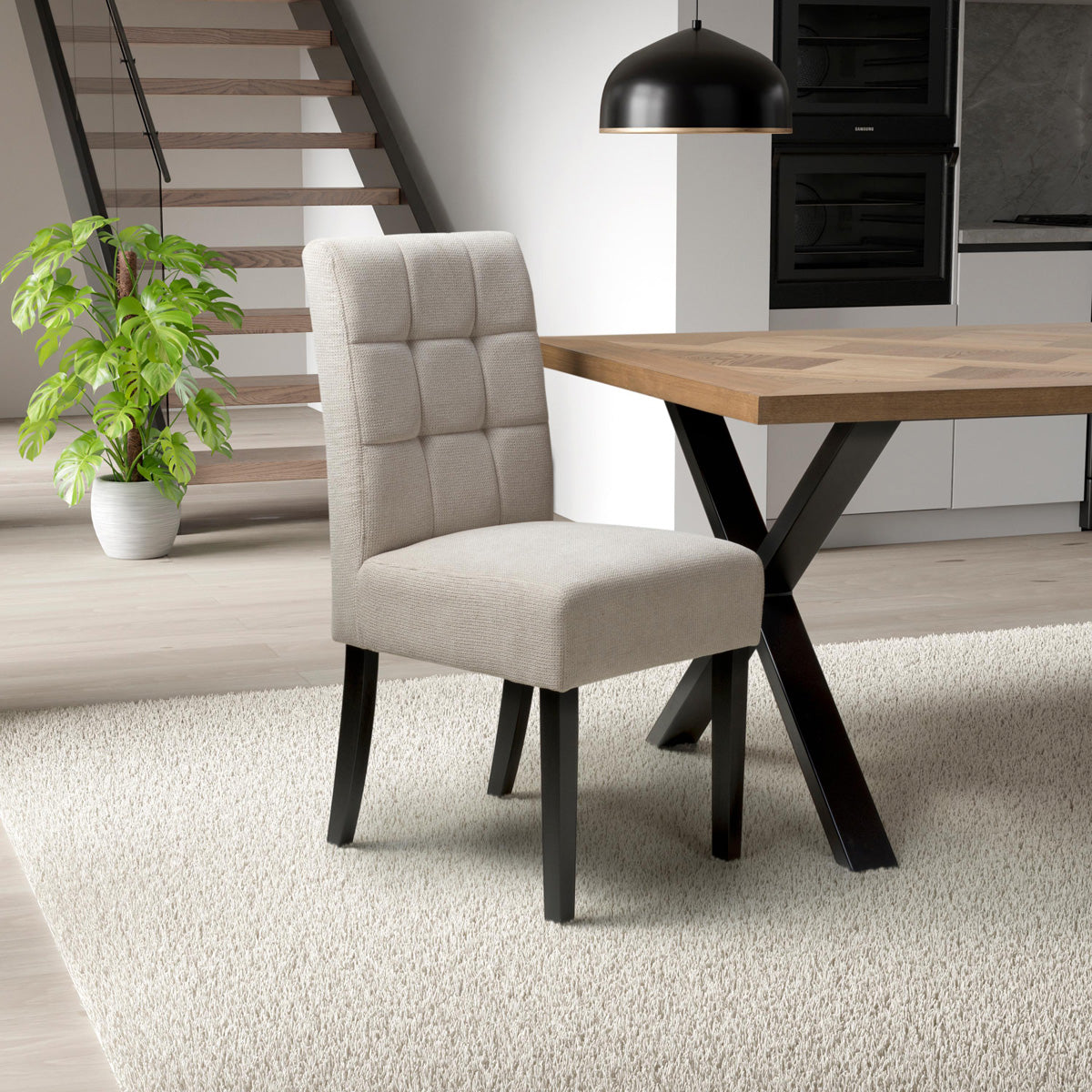 Waffle Flax Effect Fabric Dining Chairs in Set Of 2 With Black Legs - Moseley