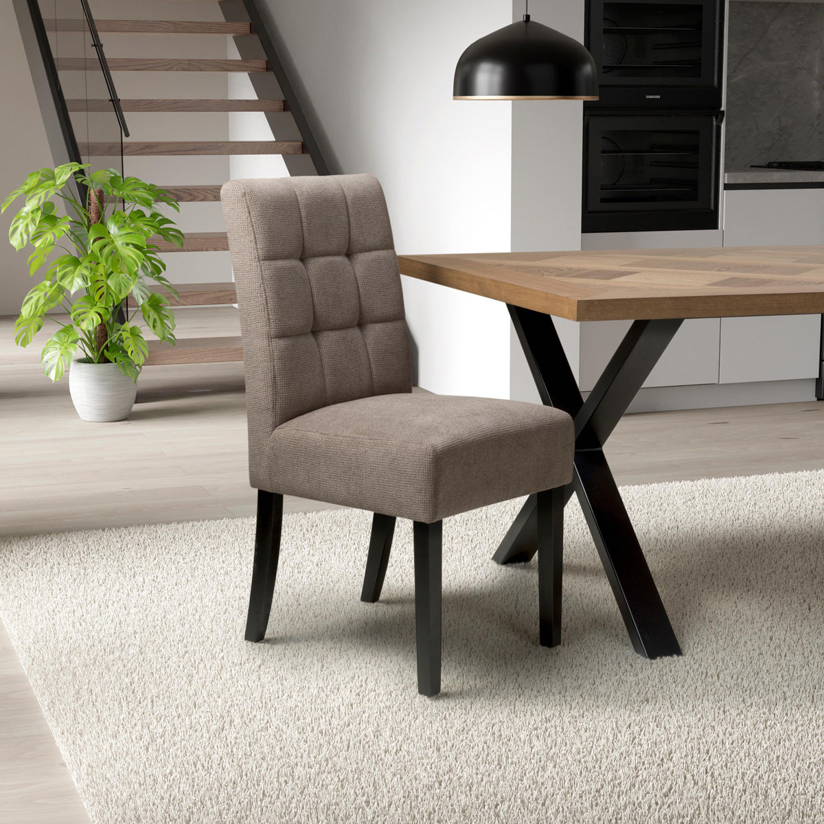 Waffle Flax Effect Fabric Dining Chairs in Set Of 2 With Black Legs - Moseley