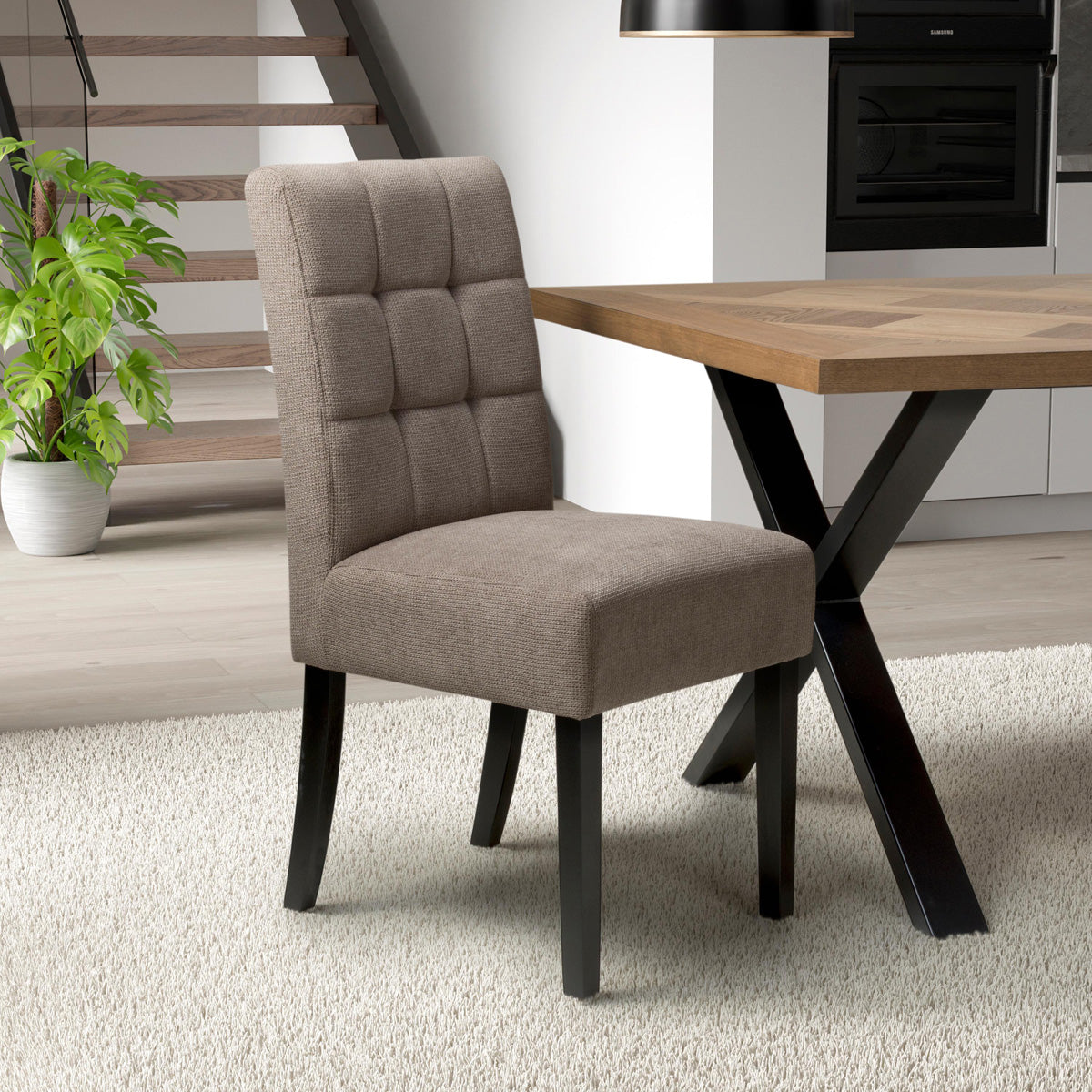 Waffle Flax Effect Fabric Dining Chairs in Set Of 2 With Black Legs - Moseley